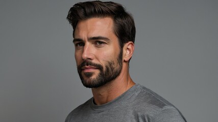 Obraz premium Handsome American man in plain gray background, side view looking on the right