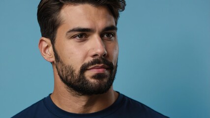 Obraz premium Handsome American man in plain blue background, side view looking on the right