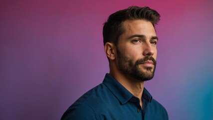 Fototapeta premium Handsome American man in plain colorful background, side view looking on the right