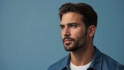 Handsome American man in plain blue background, side view looking on the right