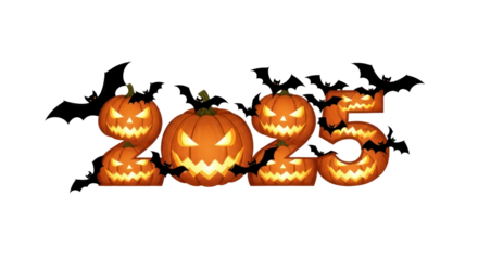 Spooky Halloween 2025: Glowing Jack-o'-Lantern Pumpkins Form Numbers, Adorned with Flying Bats for Festive Holiday Graphics. isolated on transparent background. PNG Without Background