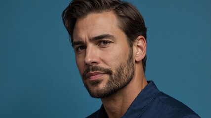 Obraz premium Handsome American man in plain blue background, side view looking on the right