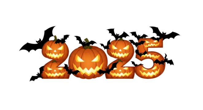 Spooky Halloween 2025: Glowing Jack-o'-Lantern Pumpkins Form Numbers, Adorned with Flying Bats for Festive Holiday Graphics. isolated on transparent background. PNG Without Background - Powered by Adobe