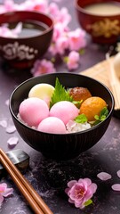 Colorful mochi and rice dish