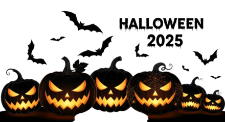 Vibrant Halloween 2025 night scene with glowing jack-o'-lanterns, spooky carved pumpkins, flying bats, and spiderweb details.. isolated on transparent background. PNG Cut Out Transparent