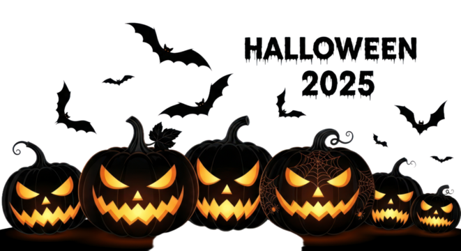 Vibrant Halloween 2025 night scene with glowing jack-o'-lanterns, spooky carved pumpkins, flying bats, and spiderweb details.. isolated on transparent background. PNG Cut Out Transparent