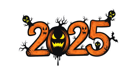 Spooky Halloween 2025 Text Art featuring a Jack-o'-Lantern, Creepy Ghosts, and Eerie Tree Branches, perfect for October and New Year' Eve celebrations.. isolated on transparent background