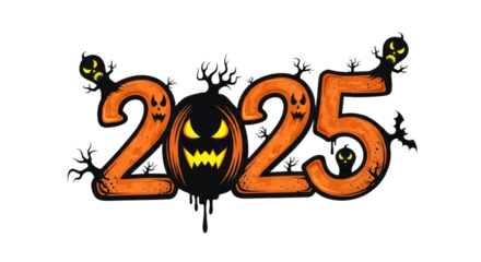 Spooky Halloween 2025 Text Art featuring a Jack-o'-Lantern, Creepy Ghosts, and Eerie Tree Branches, perfect for October and New Year' Eve celebrations.. isolated on transparent background