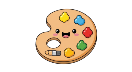 Cute Cartoon Artist' Paint Palette with Happy Smiling Face, Vibrant Yellow, Blue, Red, Green Paint, and Paintbrush. Ideal for Art, Creative Projects, and Kids.. isolated on transparent background