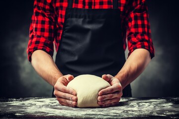 Baker kneads dough in a rustic kitchen during the evening, preparing for freshly baked bread