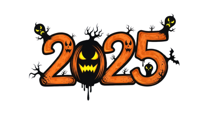 Spooky Halloween 2025 Text Art featuring a Jack-o'-Lantern, Creepy Ghosts, and Eerie Tree Branches, perfect for October and New Year' Eve celebrations.. isolated on transparent background