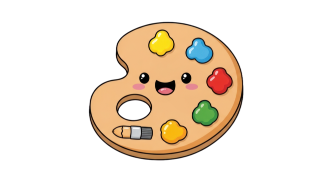 Cute Cartoon Artist' Paint Palette with Happy Smiling Face, Vibrant Yellow, Blue, Red, Green Paint, and Paintbrush. Ideal for Art, Creative Projects, and Kids.. isolated on transparent background