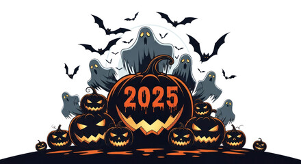 Spooky Halloween 2025 Celebration with Glowing Jack-o'-Lanterns, Flying Bats, and Eerie Ghosts, Perfect for Festive Seasonal Decorations and Party Invitations. isolated on transparent background
