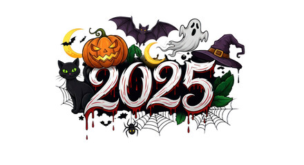 Spooky Halloween 2025 Design with Jack-o'-lantern, Ghost, Bat, Black Cat, Witch Hat, and Dripping Typography. isolated on transparent background. Transparent Object PNG