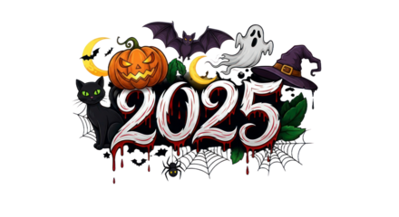 Spooky Halloween 2025 Design with Jack-o'-lantern, Ghost, Bat, Black Cat, Witch Hat, and Dripping Typography. isolated on transparent background. Transparent Object PNG