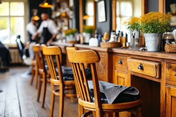 Chairs and grooming products in a stylish barbershop with attentive barbers working in the background