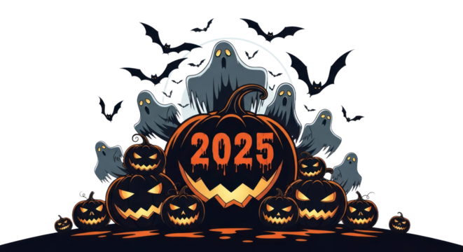 Spooky Halloween 2025 Celebration with Glowing Jack-o'-Lanterns, Flying Bats, and Eerie Ghosts, Perfect for Festive Seasonal Decorations and Party Invitations. isolated on transparent background
