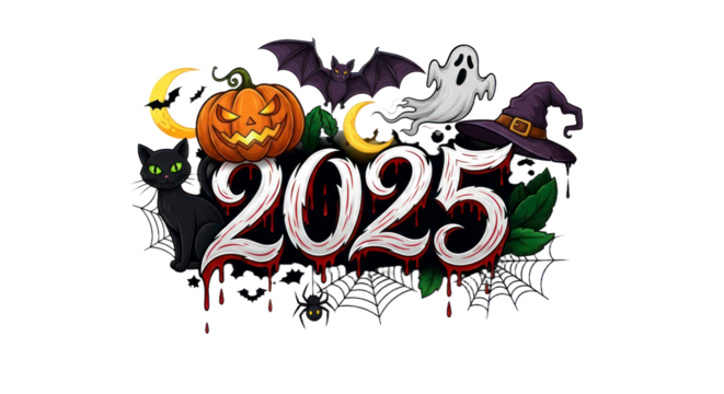 Spooky Halloween 2025 Design with Jack-o'-lantern, Ghost, Bat, Black Cat, Witch Hat, and Dripping Typography. isolated on transparent background. Transparent Object PNG