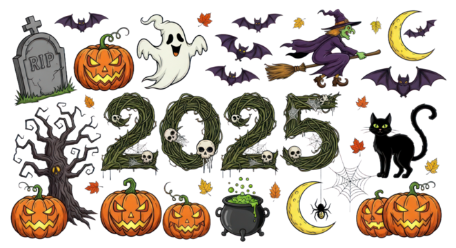 Spooky Halloween 2023 Collection with Jack-o'-Lanterns, Witch, Ghost, Black Cat, Bats, and Autumn Elements for Festive Celebration. isolated on transparent background. PNG Transparent Background