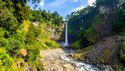 Lush waterfall cascading through a verdant valley