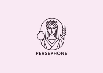 A geometric style line art Persephone logo, representing the goddess of spring, rebirth, and the underworld