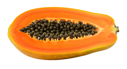 Vibrant Papaya Cross Section with Glistening Black Seeds on Orange