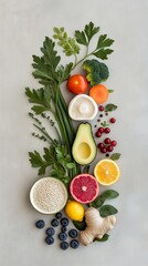 Vibrant arrangement of fresh fruits vegetables citrus berries and greens on neutral background