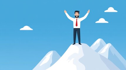 Man Celebrating Success on Peak of Mountain Under Clear Blue Sky