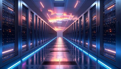 Server room hallway at sunset