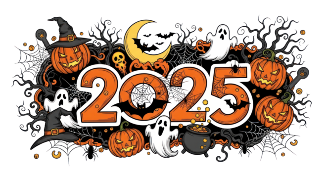 Vibrant Halloween 2025 Illustration with Jack-o'-lanterns, Ghosts, Bats, and a Witch' Cauldron, surrounded by spooky elements for festive celebration.. isolated on transparent background