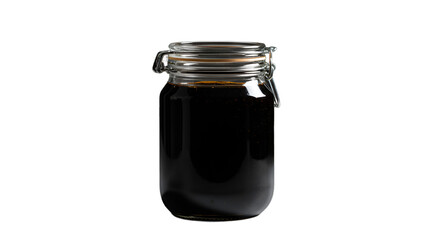 Deep Dark Viscous Liquid Stored in a Sealed Glass Jar on Gray