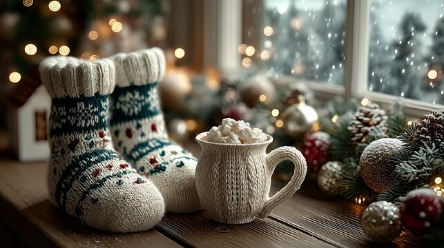 Cozy Winter Scene with Hot Chocolate and Knitted Socks - Powered by Adobe