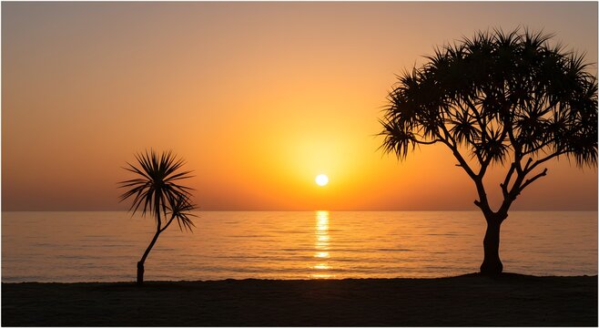 Telephoto Compression Sunrise with Pandanus Tree Silhouette Sangalaki