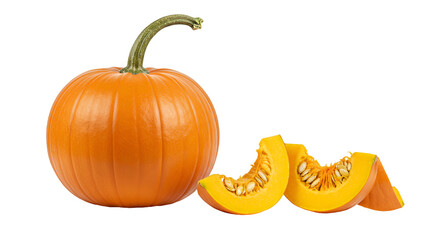 Fresh Ripe Pumpkin with Slices and Seeds on Warm Orange Gradient