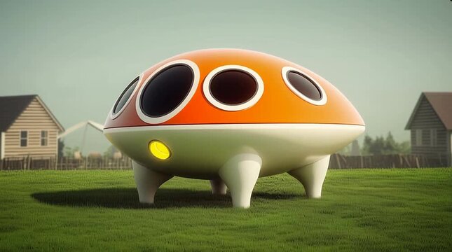 A retro ufo hovers in a grassy field while a cow runs around it in a quirky scene