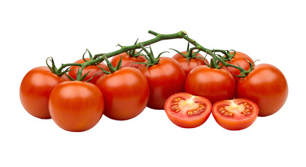 Vibrant Ripe Tomatoes on the Vine with One Halved on a Red Background