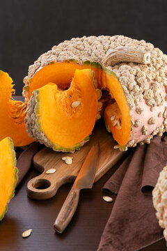 Peanut pumpkin Galeuse d Eysines And Wedges Prepared On Kitchen Table