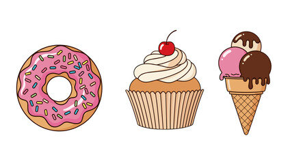 Illustration of a donut with pink frosting, a cupcake with cherry, and an ice cream cone with chocolate