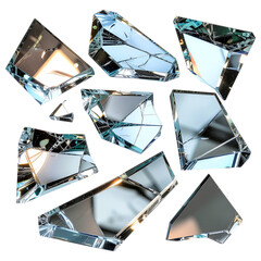 Shattered Glass Fragments on Black Background Reflecting Light and Color in Various Geometric Shapes