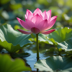 Obraz premium wallpapers A stunning pink lotus flower blooms gracefully on serene water, surrounded by lush green leaves, captured in soft light. AI generated