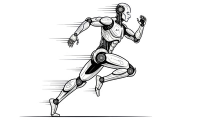 Futuristic speed concept: A monochromatic humanoid robot sprinting with motion blur lines
