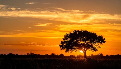 Silhouetted tree at sunset over a field