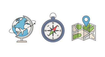 Illustration of globe with airplane compass and folded map with location pin for travel planning concept