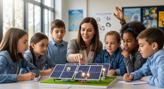 Teacher guides diverse students in hands-on solar energy lesson, sparking curiosity and learning.