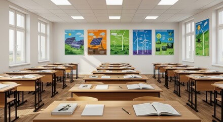 Modern classroom equipped for sustainable energy education with solar panels and wind turbines posters