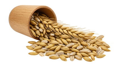 Golden Grains Spilling from a Rustic Wooden Cup Onto a Warm Surface