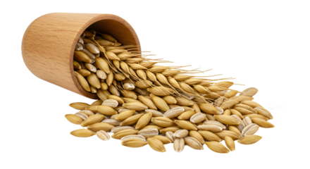 Golden Grains Spilling from a Rustic Wooden Cup Onto a Warm Surface