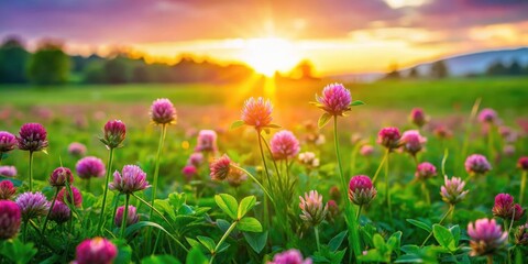 Obraz premium Emerald green grass with vibrant clovers growing in a lush meadow at sunset