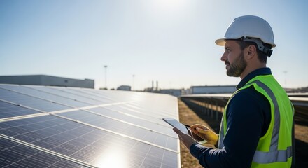 Obraz premium Engineer uses tablet checking solar panels, monitoring clean energy production in sunny field