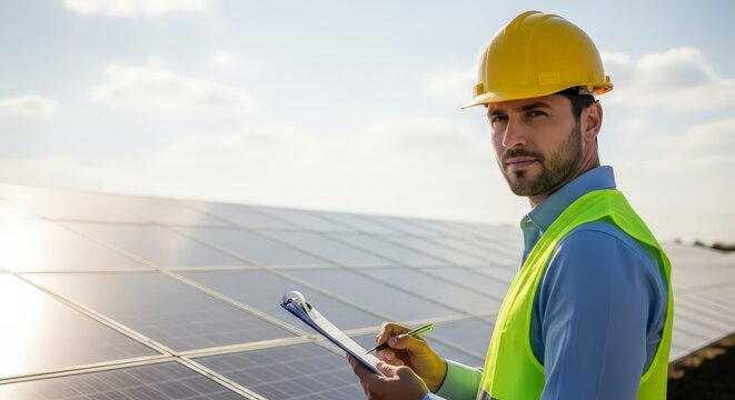 Professional engineer inspects solar panels, taking notes in a bright, clean energy field under blue sky